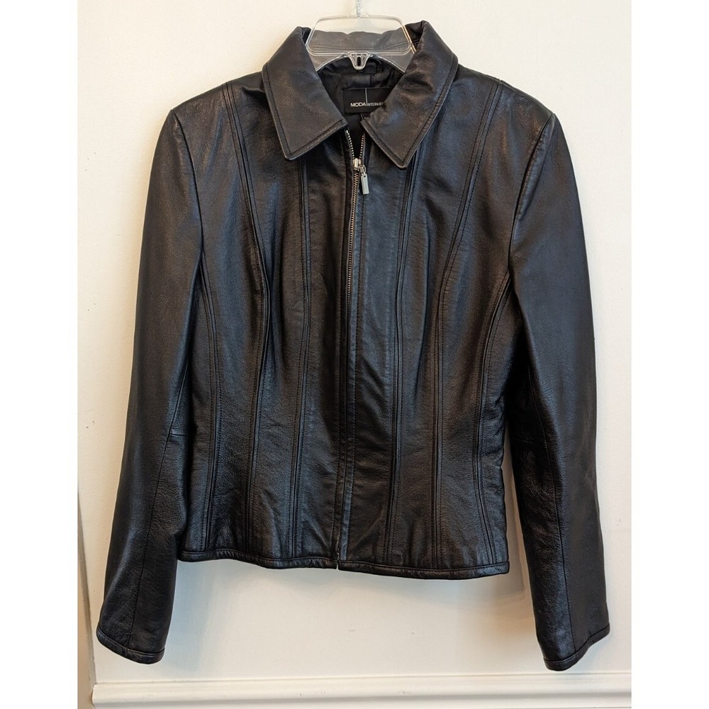 Vtg Victoria's Secret Moda International Black Leather Jacket Size M‎ Bikercore